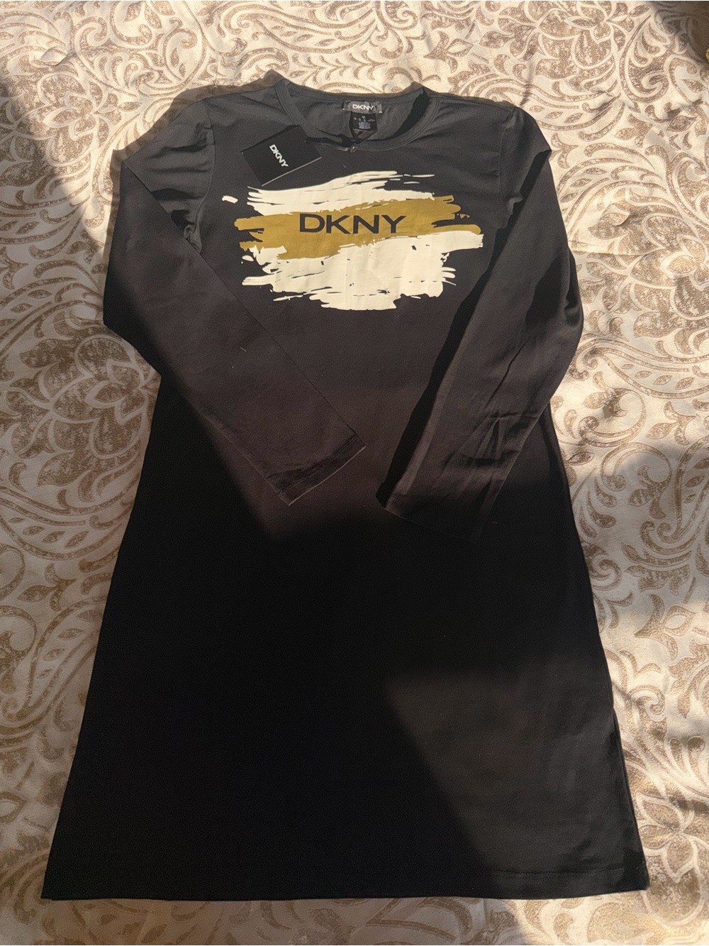 DKNY Black Long Sleeve Dress with Gold and Cream Logo Brushstroke